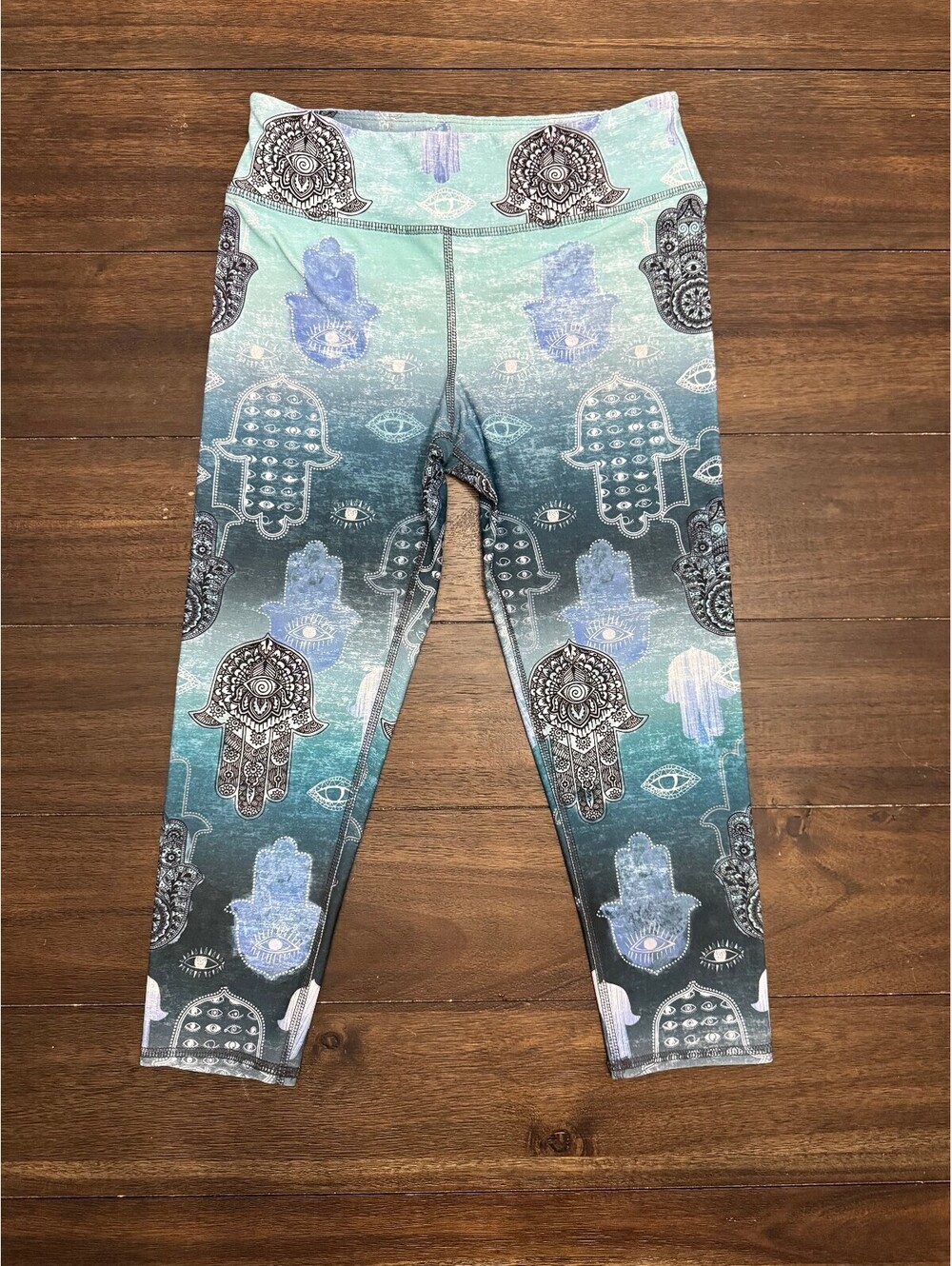 Evolution & Creation EVCR Hamsa Hand Leggings Women M Blue Teal Boho Yoga